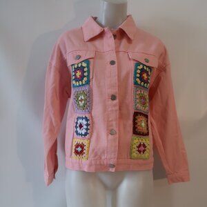 NWT Womens Regina (Item- 216) Pink Multicolor Crochet Motif Denim Jacket M